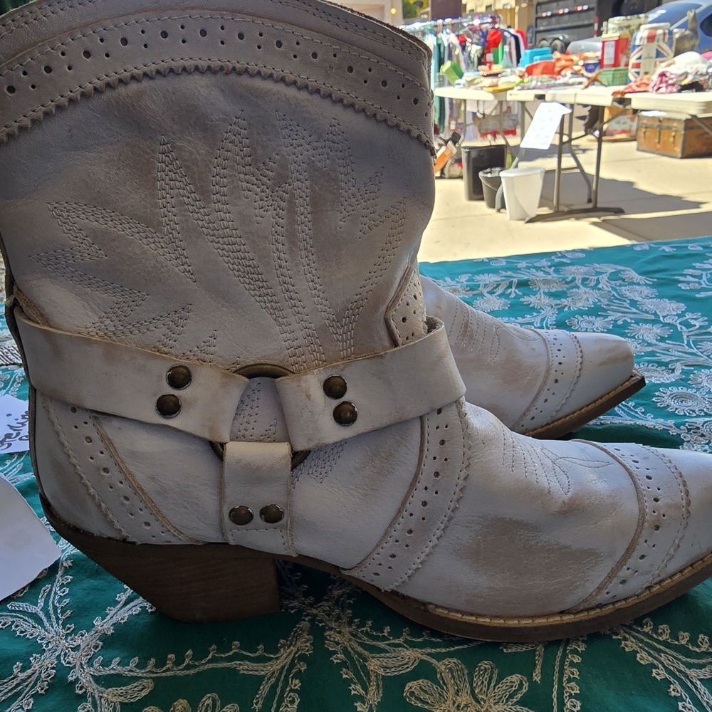 Very Volatile Cream Western Harness Ankle Boots  Stacked Heel